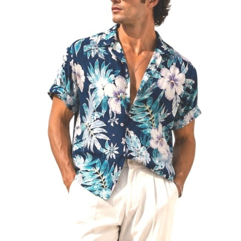 Tommy Bahama Mens Navy Blue Floral Linen Short Sleeve Button Down Shirt Medium